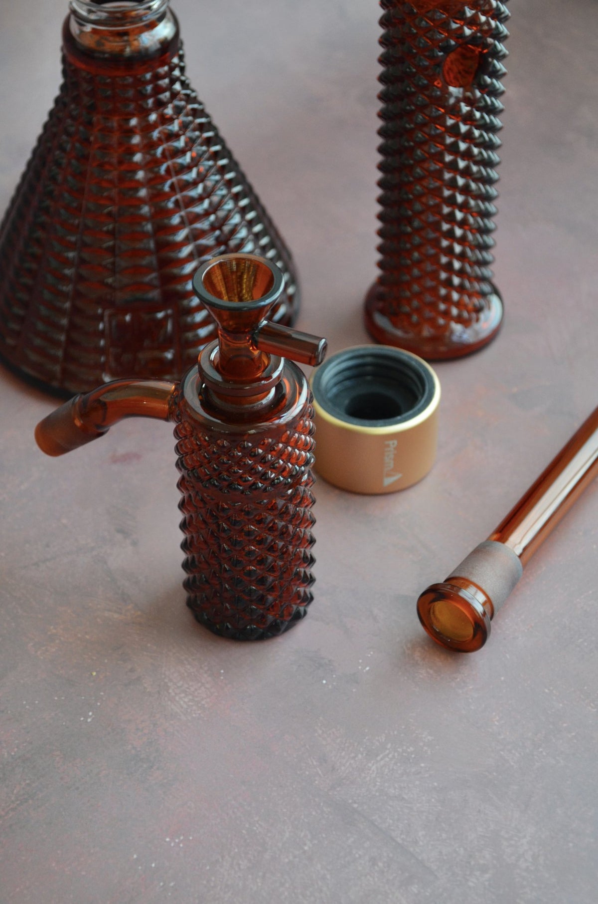Jane West x Prism Amber 14mm 45 degree textured glass ash catcher, lifestyle photo