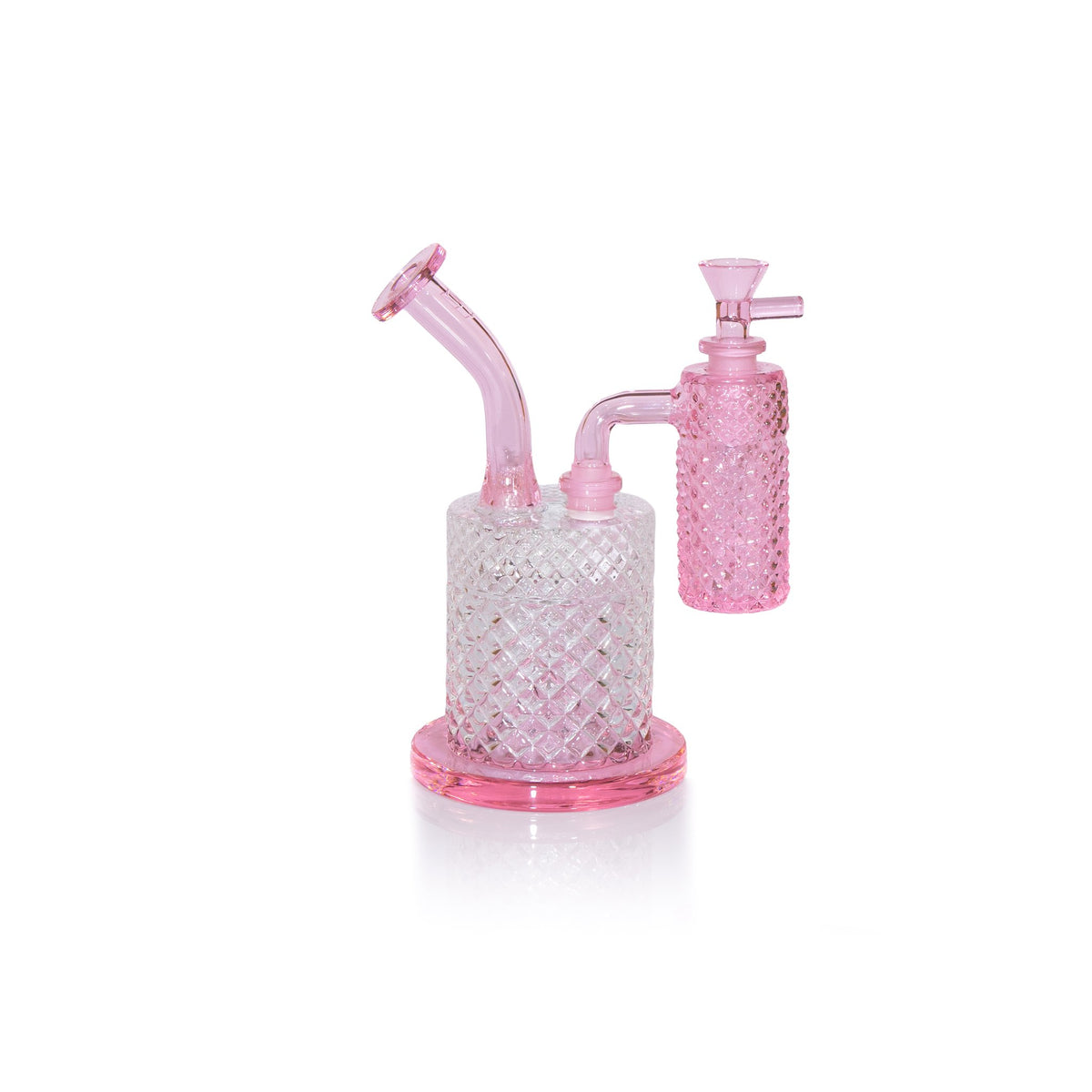 Jane West x Prism Pink Lemonade 14mm 45 degree ash catcher attached to a glass water pipe